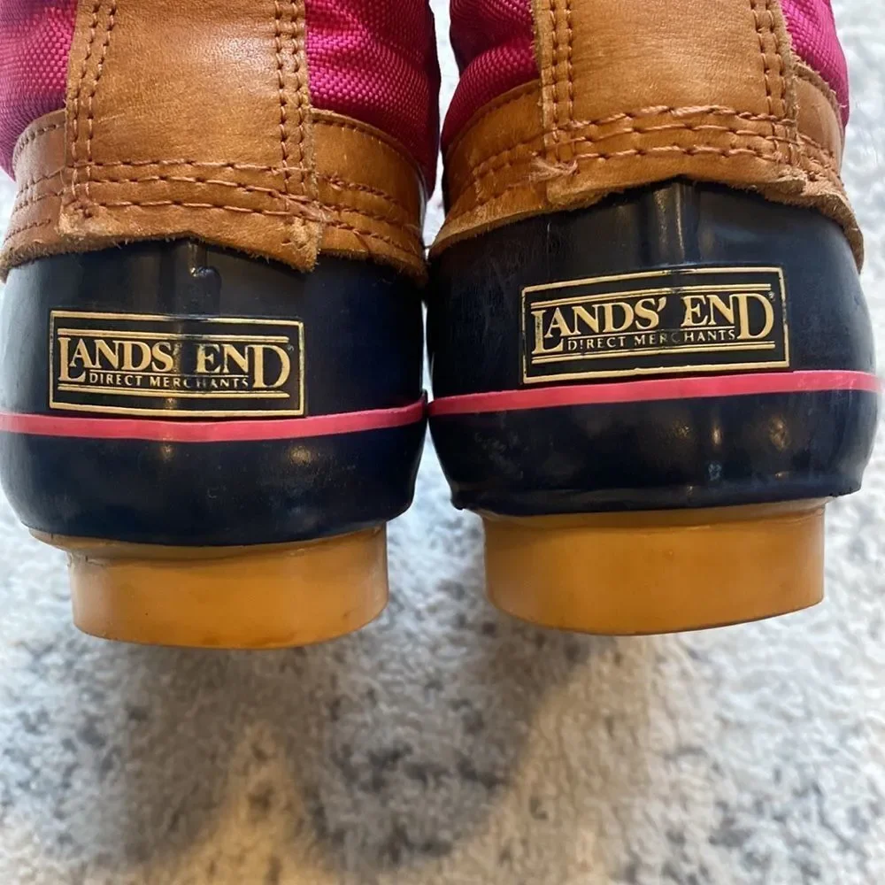 Vtg Made in Korea Lands End duck boots EUC navy pink purple with brown leather